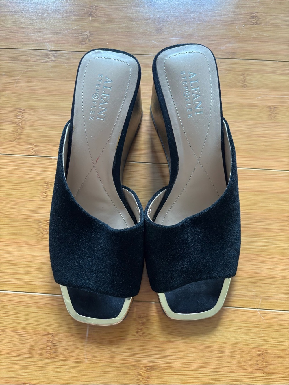Alfani Black Suede Slide Mules with Gold Trim